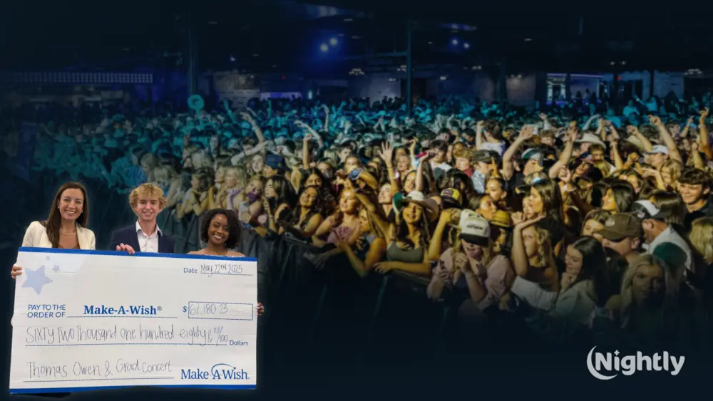 Grad Concert 2025 in Dallas, the crowd on the floor beside the Make-A-Wish cheque.